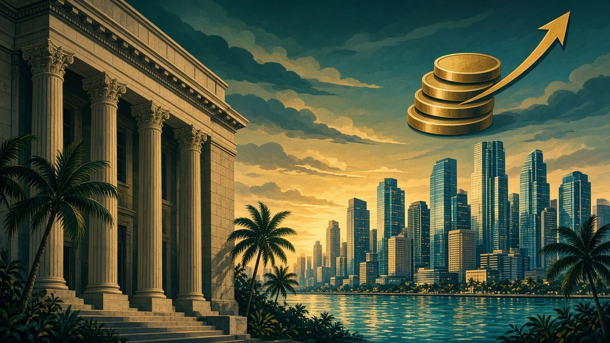 Illustration of a classical columned bank building beside palm trees and the Miami financial district skyline at sunset, with a stack of gold coins and a rising arrow in the sky.