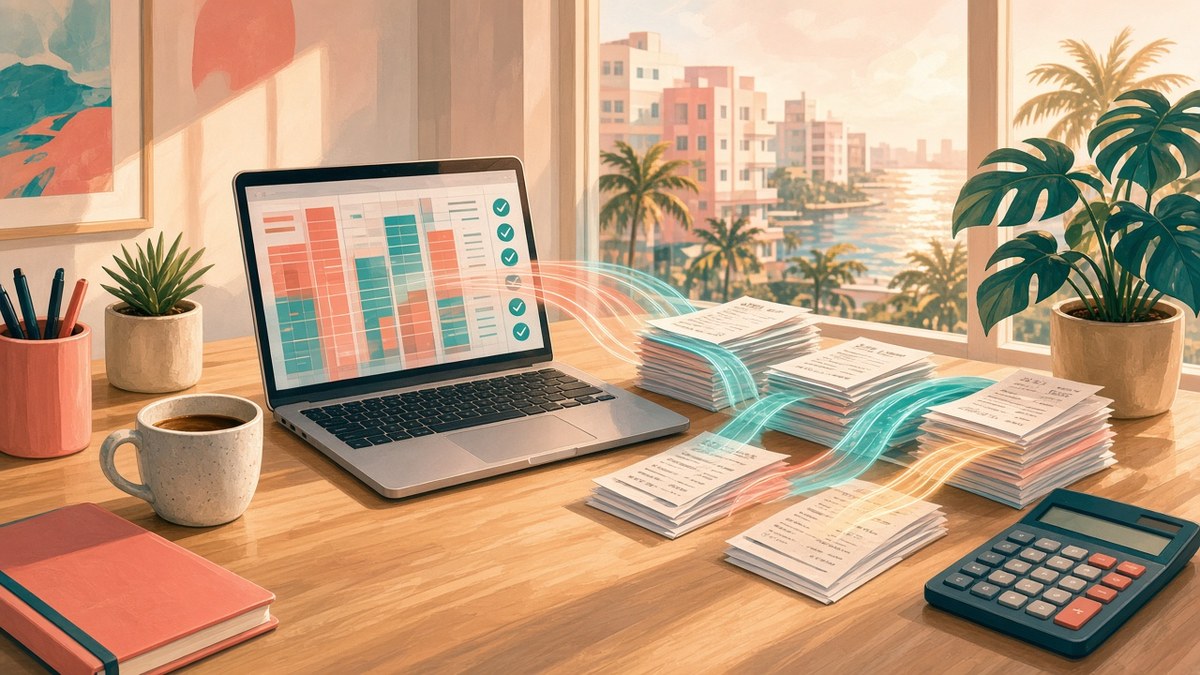 Illustration of a sunlit Miami office desk with a laptop showing a colorful ledger, neatly sorted stacks of receipts connected by glowing light trails, a calculator, coffee cup and monstera plant, with palm trees and pastel buildings outside the window.