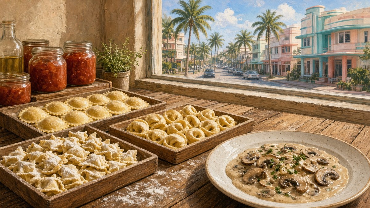 Illustration of trays of fresh handmade ravioli, agnolotti and tortelloni on a rustic counter beside jars of tomato sauce and a plate of pasta in mushroom cream sauce, with a sunny palm-lined MiMo street outside the window.