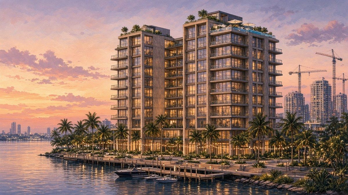 Illustration of a fictional two-tower waterfront building beside a calm river at sunset, with a rooftop pool, a palm-lined riverwalk with string lights, boats at a wooden dock, and construction cranes against a peach and lavender sky.