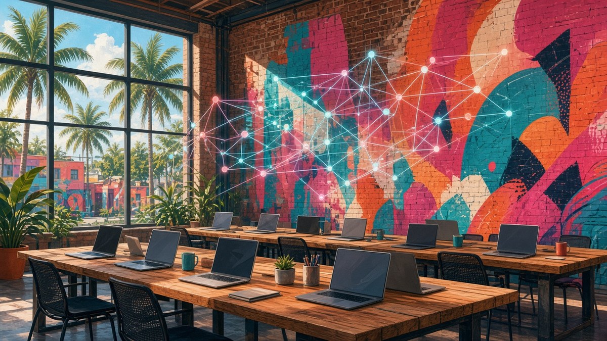 Illustration of a sunlit Wynwood-style open office with colorful murals on brick walls, rows of laptops on wooden tables, glowing network lines overhead, and palm trees outside large windows.