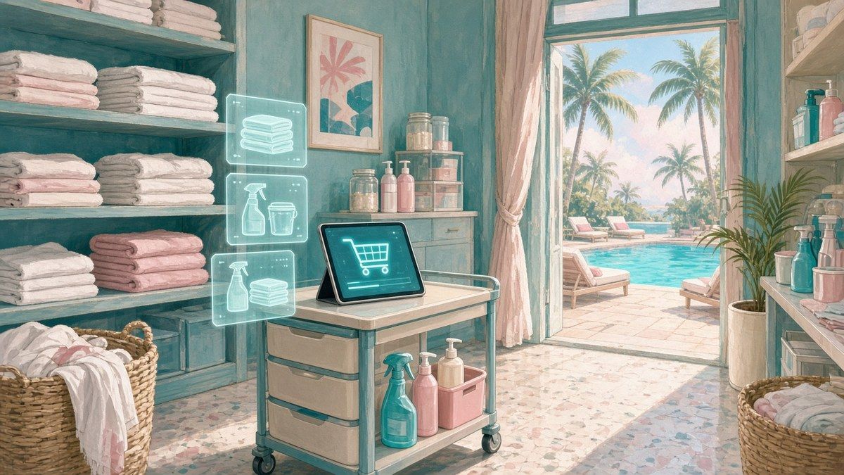 Illustration of a pastel teal hotel storeroom with shelves of folded towels and toiletries, a tablet on a supply cart showing a glowing shopping cart icon with floating order cards, and an open doorway to a sunny pool deck lined with palm trees.