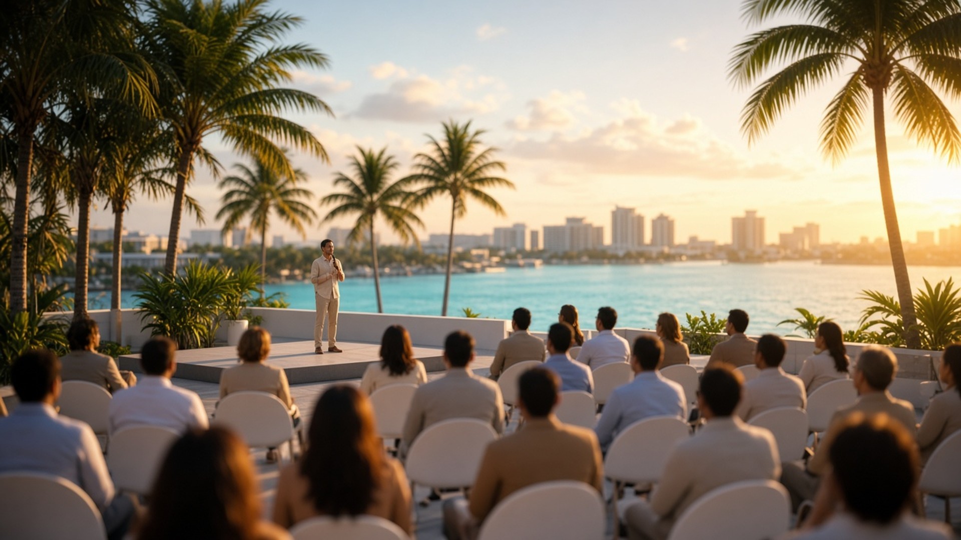A speaker holding a handheld microphone on an outdoor rooftop stage at golden hour, with palm trees, turquoise water and a waterfront skyline behind and an audience seated on white chairs in the foreground.